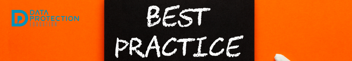 Best practice in white chalk on a blackboard, orange background, data protection education logo in blue